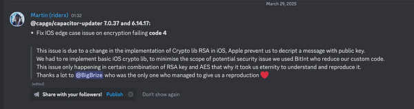 A Discord conversation discussing a technical issue related to iOS encryption.