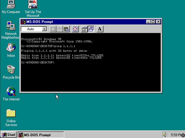 The image displays a Windows 95 desktop with an MS-DOS prompt window open, showing a ping command in action.
