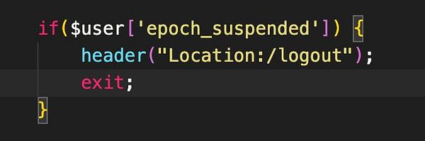 A code snippet in PHP that checks if a user account is suspended and redirects to a logout page.