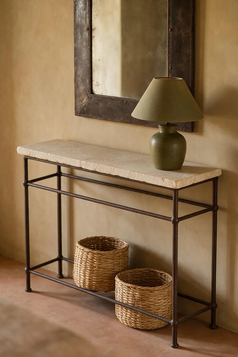 A Mediterranean-style entry vignette with a slim console table topped by a pale stone slab and dark metal frame. Above it hangs a rustic mirror, and an olive-green table lamp sits on the right side of the console. Two woven basket planters or storage baskets rest on the floor beneath, against warm beige plaster walls and a terracotta-toned floor.