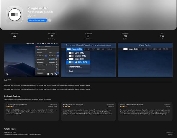 Screenshot of the Progress Bar app page on the Mac App Store showing approval and app details.