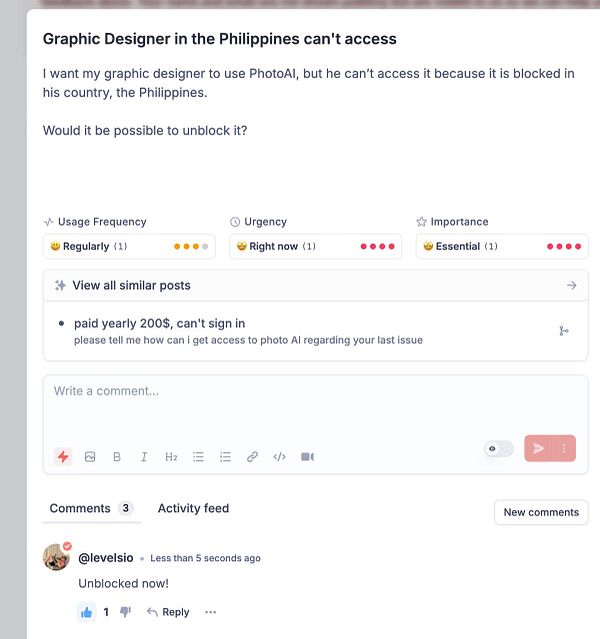 A task post regarding access issues to PhotoAI for a graphic designer in the Philippines.