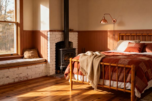 Sunlit farmhouse bedroom with wide-plank wood floors and a honey-colored spindle bed dressed in a rust patchwork quilt, cream sheets, and an oatmeal throw, lit by a copper swing-arm sconce. To the left, a black cast-iron stove sits in a white-painted brick alcove beside a brick-built window seat under a large wood-trimmed window, with terracotta beadboard wainscoting beneath smooth cream walls.