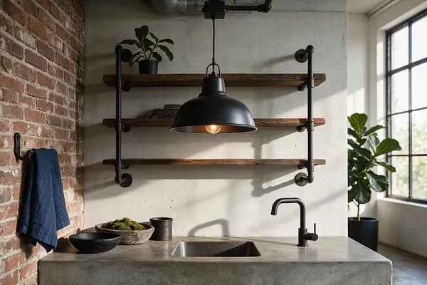 An industrial-style kitchen vignette with a concrete sink counter, matte black faucet, exposed brick wall, and wall-mounted wood shelves held by black pipe brackets. A black dome pendant hangs over the counter, with plants and small decor adding warmth beside a large gridded window.