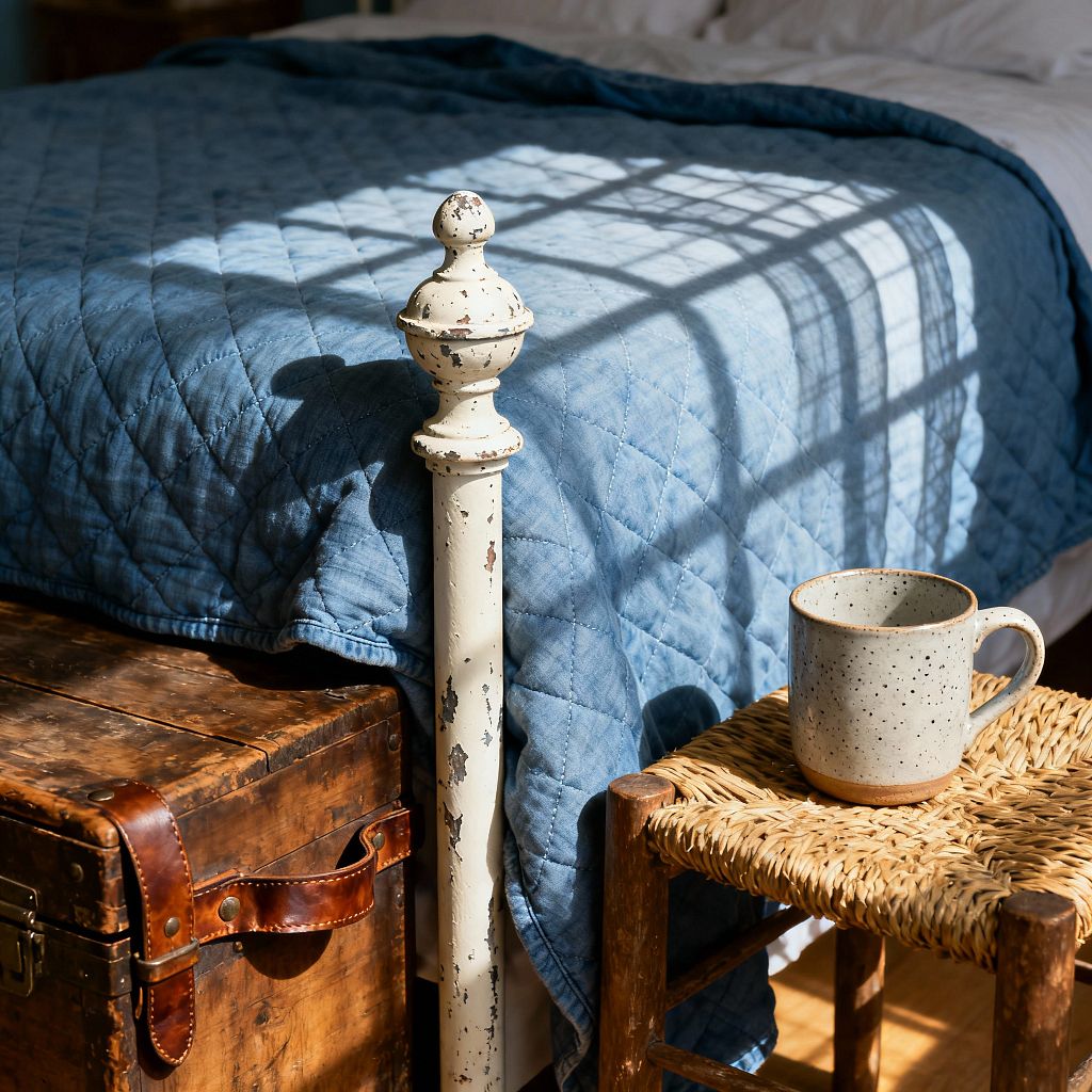 Close-up of a farmhouse bedroom corner with a chipped cream-painted iron bedpost beside a bed dressed in a quilted denim-blue coverlet and white sheets. A rustic wooden trunk with brass hardware sits at the foot of the bed, next to a small stool with a woven rush seat holding a speckled stoneware mug. Sunlight from a gridded window casts strong shadows across the quilt, highlighting the warm honey wood tones and the room’s cozy, timeworn character.