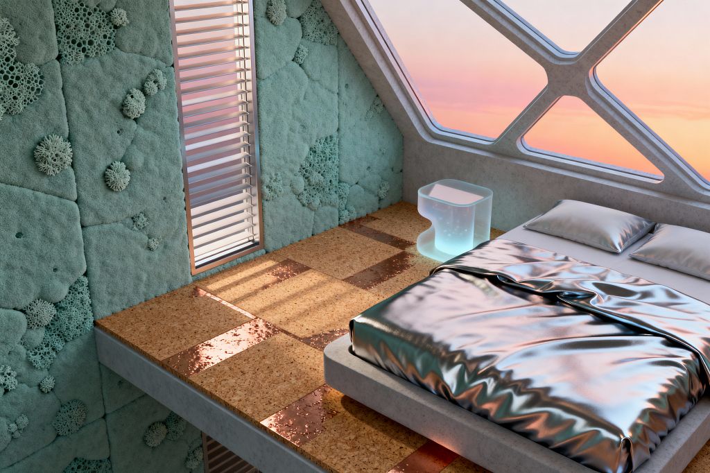 A futuristic bedroom features a low concrete platform bed dressed in reflective silver bedding, paired with two matching pillows and a glowing translucent acrylic nightstand. The floor is a checkerboard of warm cork and polished copper tiles, while a seafoam wall clad in textured acoustic panels with coral-like relief sits beside a narrow window with aluminum blinds; a large geometric window with X-shaped mullions frames a peach-pink sky.