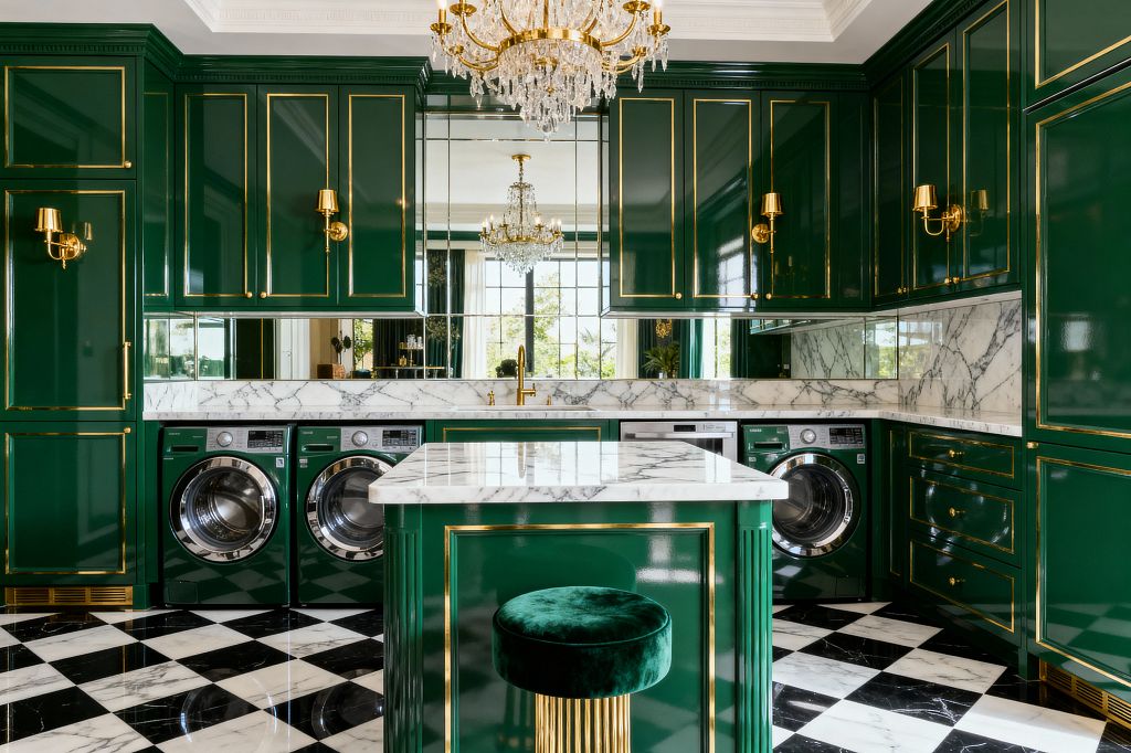 A glamorous Hollywood Regency laundry room with glossy emerald green cabinets edged in gold, veined white marble counters and backsplash, and mirrored panels reflecting a crystal chandelier. Black-and-white checkerboard marble floors anchor front-loading washers beneath a long counter, while a central marble-topped island and an emerald velvet stool with a fluted gold base complete the luxurious, highly organized workspace.