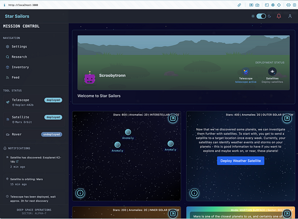 The image displays a user interface for a game called 'Star Sailors', showcasing mission control features and tool statuses.