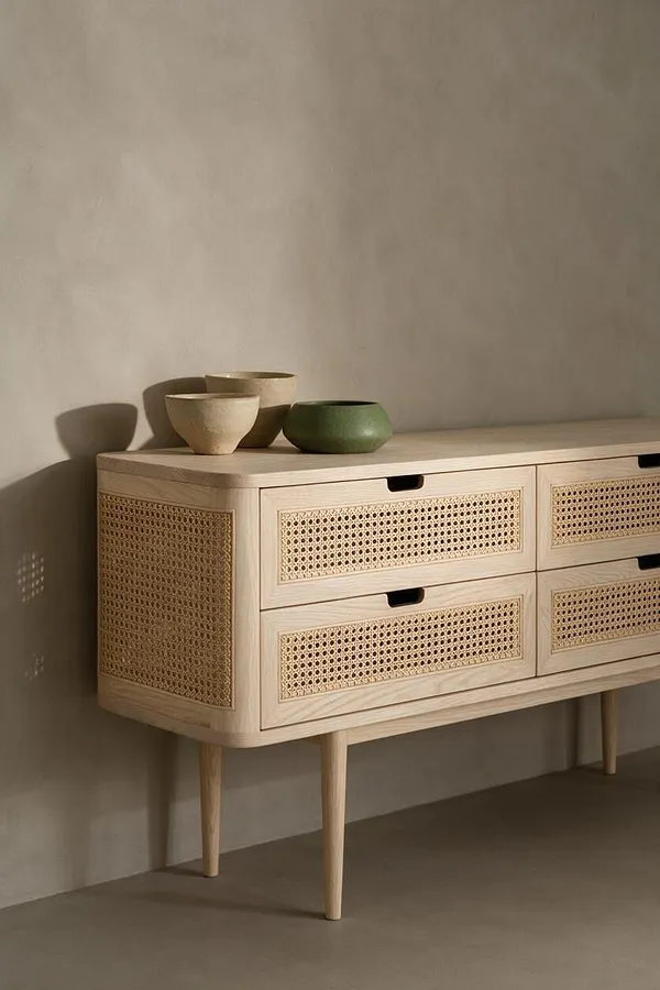 A low wooden sideboard with tapered legs and woven rattan drawer fronts sits against a smooth beige wall. Small ceramic bowls in muted cream and green rest on top, reinforcing the calm Japandi aesthetic.