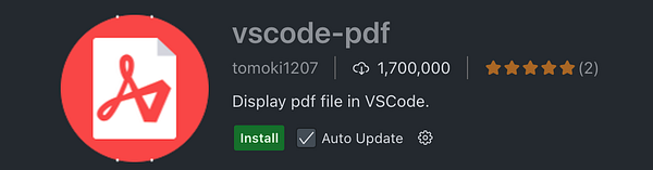 Visual Studio Code extension vscode-pdf by tomoki1207 designed to display PDF files, showing install button and rating.