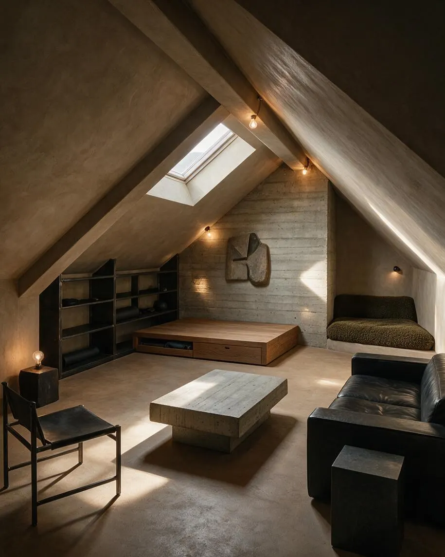 A compact attic home gym and lounge with sloped plastered ceilings, a skylight, and exposed concrete walls. The room includes black metal shelving, a low wood platform, a concrete coffee table, a black leather sofa, and soft built-in seating under warm bulb lighting.