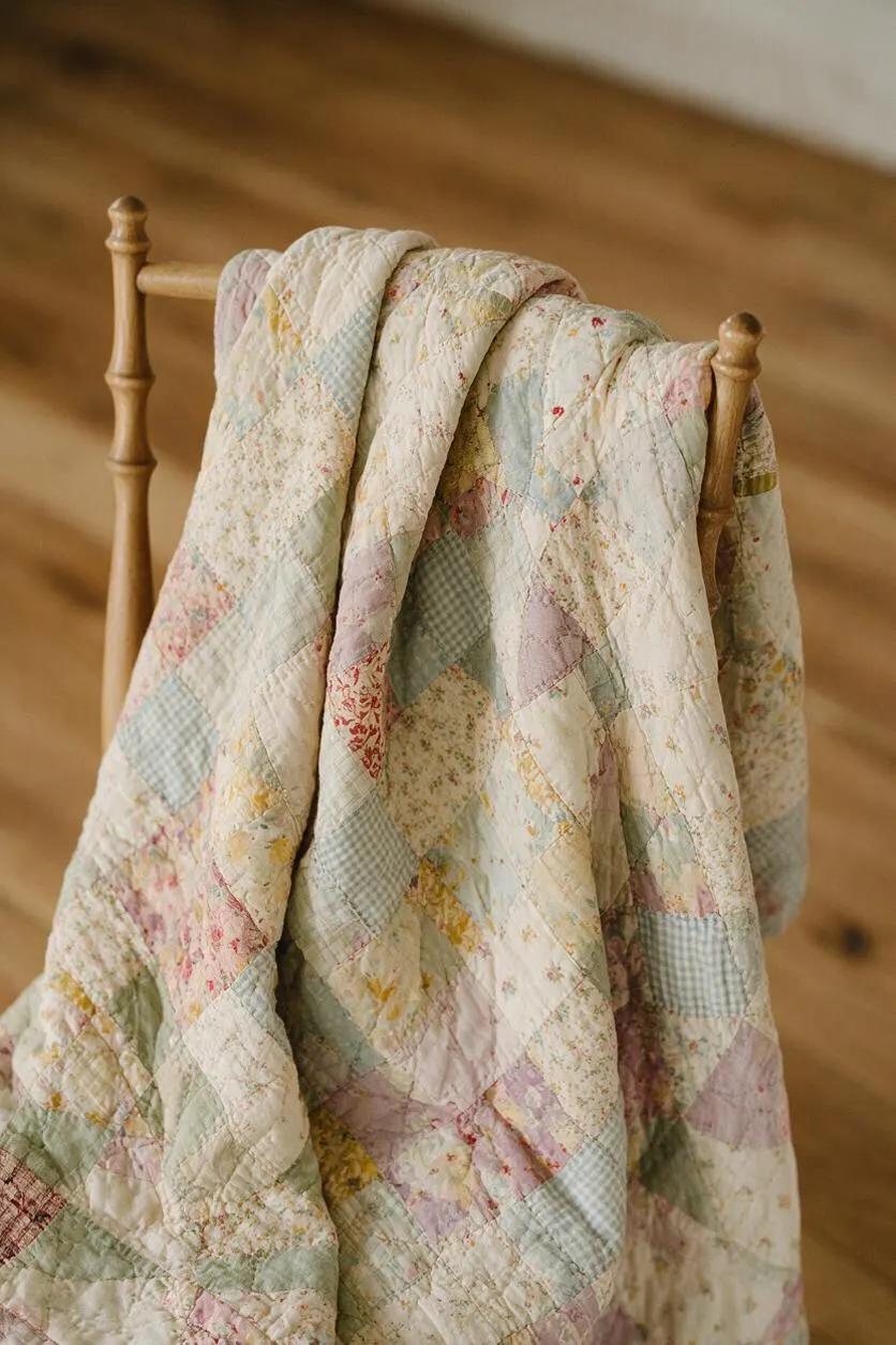 A vintage-inspired quilt with pastel patchwork and floral prints is draped over a small turned wood chair. The soft cream, pink, green, and blue fabrics create a cozy cottagecore feel against a warm wooden floor and neutral wall.