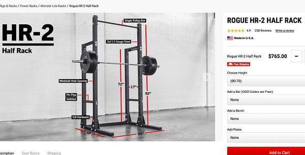 The image features a Rogue HR-2 Half Rack, showcasing its specifications and pricing.