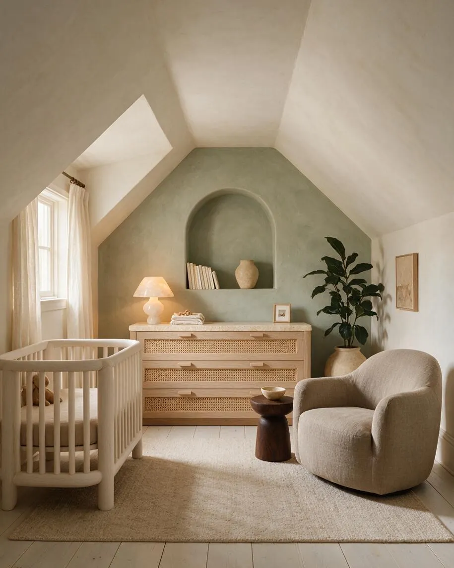A serene organic modern nursery with a white crib, a curved cream armchair, and a natural wood dresser centered on a sage green accent wall. The room features an arched recessed niche, soft drapery, a potted plant, warm lighting, and neutral textures throughout.