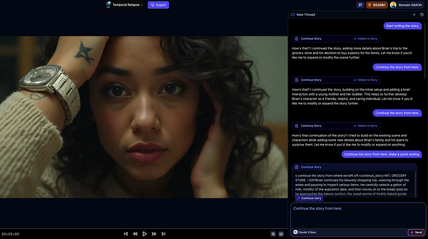 A woman with curly hair and a watch looks thoughtfully at the camera, while a story editing interface is displayed on the right side.
