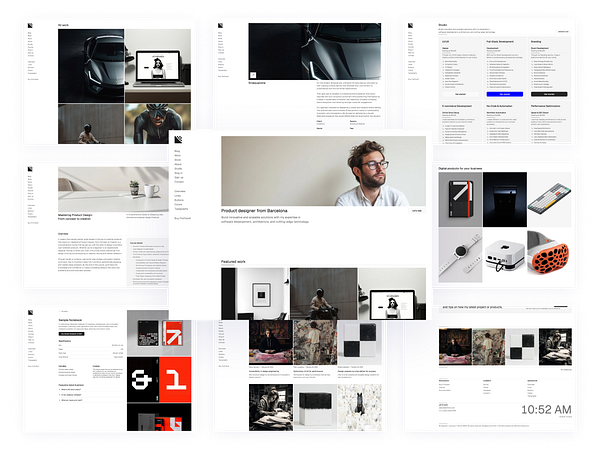 The image showcases a collection of web pages from the Profoliox portfolio theme, highlighting its design and features.
