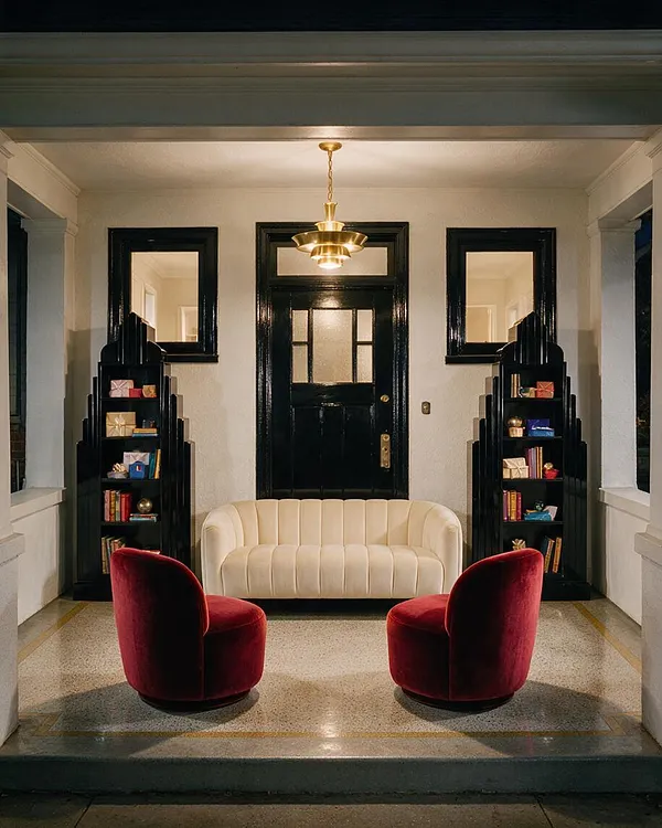A front porch styled in Art Deco fashion with a black front door centered between two matching black-framed windows. A cream upholstered loveseat sits against the back wall, flanked by two sculptural black shelving units displaying small decor objects and books. Two curved burgundy velvet chairs face the seating area under a brass pendant light.