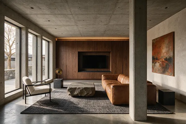 A Brutalist media room with a raw concrete ceiling and columns, floor-to-ceiling windows on the left, and a wall of walnut wood cabinetry framing a recessed television. The room includes a caramel leather sofa, a cream lounge chair, a rough stone coffee table, a dark area rug, and a large abstract painting on the right wall.