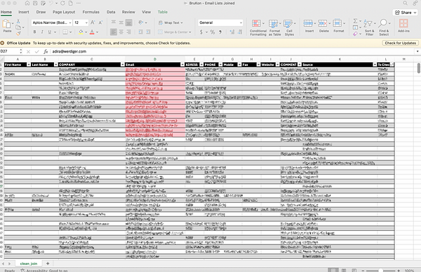 A spreadsheet displaying email list data for client work, with some entries highlighted for review.