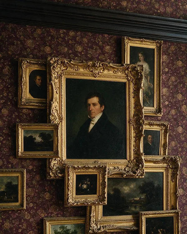 A Victorian-style wall covered in dark burgundy floral wallpaper is arranged with multiple ornate gold picture frames. The largest central portrait is surrounded by smaller landscape and portrait paintings, creating a dense, layered gallery wall beneath a dark trim near the ceiling.