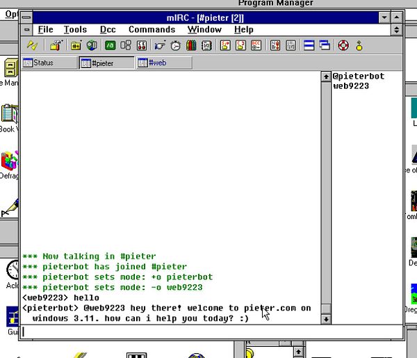 The image displays an IRC chat interface showing a conversation in the #pieter channel.