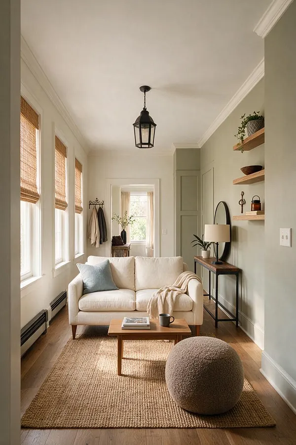 A narrow transitional sunroom with tall windows dressed in woven bamboo shades, a cream sofa, and a natural jute rug. The room includes a wood coffee table, a textured round ottoman, wall shelves with decor, and warm wood floors under a black hanging lantern light.