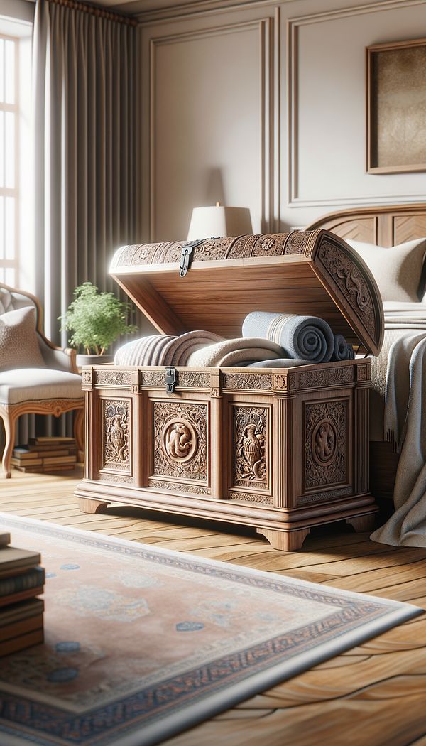 A beautifully crafted wooden blanket chest with intricate carvings, open to show blankets and linens neatly stored inside, placed at the foot of a bed in a well-decorated bedroom.