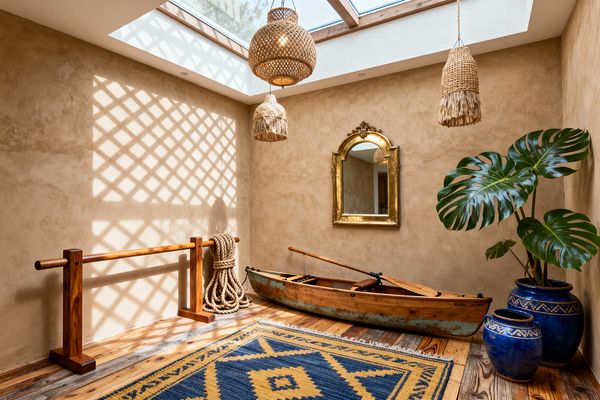 A sunlit home gym with lime-plaster walls sits beneath a large skylight that casts lattice shadows onto a reclaimed wood floor. A wooden ballet barre with a coiled rope stands beside a vintage wooden rowboat, a gold-framed mirror, woven rattan pendant lights with raffia fringe, a blue and mustard geometric wool rug, and cobalt-glazed planters holding a lush monstera, creating an earthy Bohemian space for stretching and mindful movement.