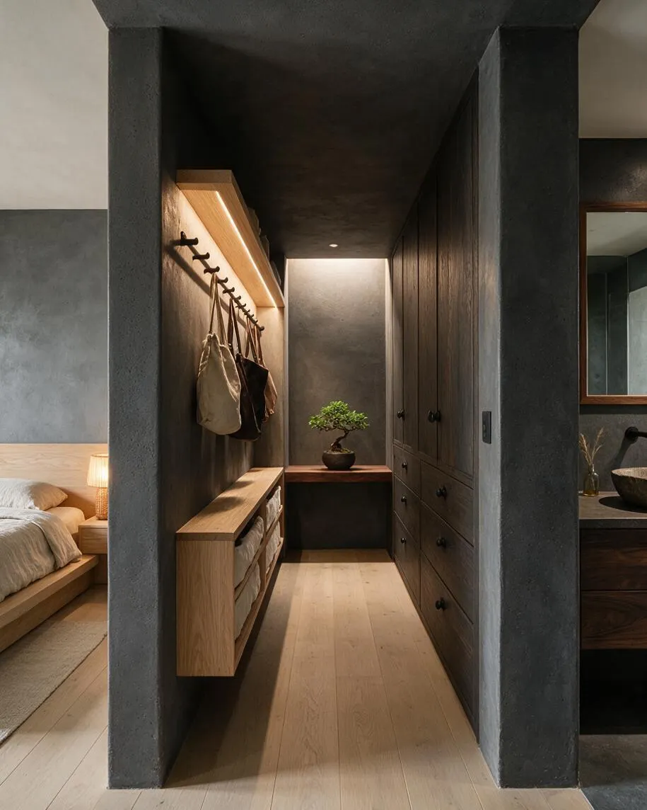 A narrow Japandi-style walk-in closet with dark textured walls, light wood flooring, and built-in cabinetry. Open hanging rails, a floating shelf with folded textiles, and a small bonsai display create a calm, balanced space.