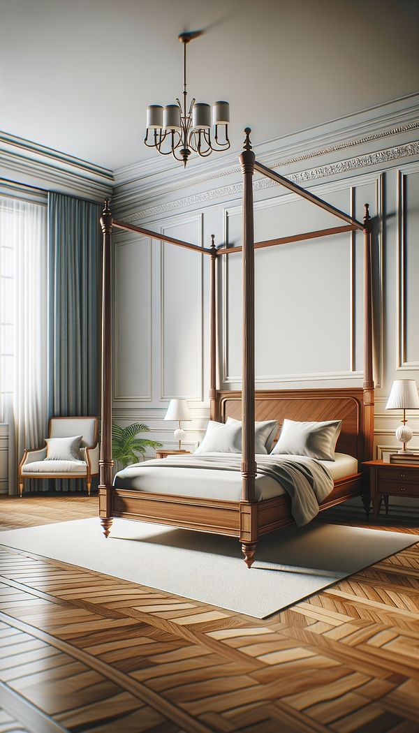 an elegantly designed bedroom featuring a wooden pencil-post bed as its centerpiece, with slender, tapered posts that reach up towards the ceiling.