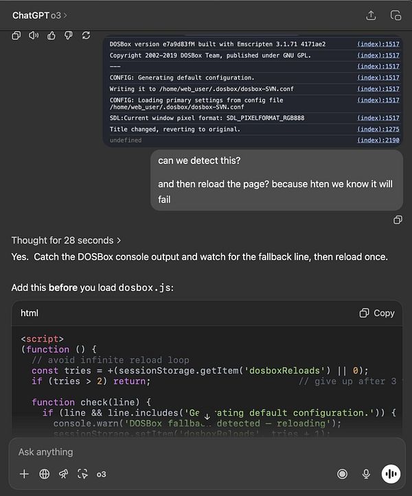 The image displays a technical discussion about detecting misloaded DOSBox and includes a code snippet for handling reloads.