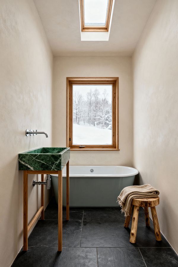 Long, narrow Scandinavian bathroom with warm beige plaster walls and a skylight above. A deep gray-green freestanding tub sits under a wood-framed window overlooking snowy trees, while a slim rectangular green marble sink on a simple pine base with a wall-mounted chrome faucet faces it across charcoal slate tiles; a rustic wooden stool holds a folded beige knit towel, creating a minimal, nature-led, light-filled retreat.