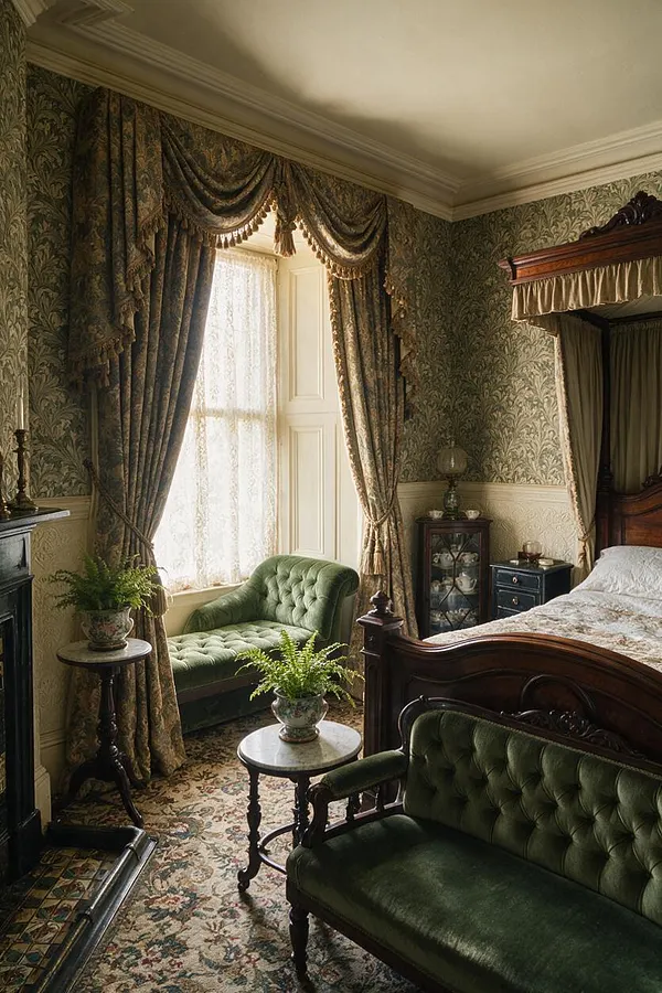 A Victorian-style master bedroom with green velvet seating, a carved dark wood bed, patterned wallpaper, and heavy draped curtains around a tall window. The room includes antique-style side tables, a floral rug, and soft daylight filtering through lace sheers.