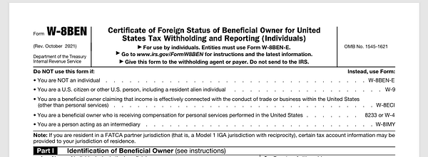 The image displays a W-8BEN form used for tax withholding and reporting for foreign individuals.