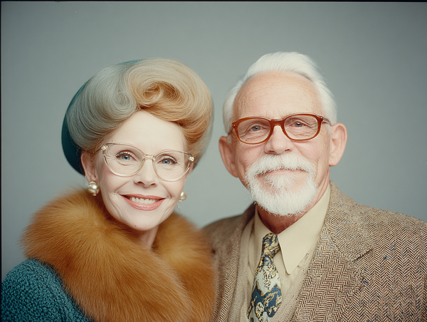 A stylish elderly couple poses together, showcasing their fashionable attire and warm smiles.
