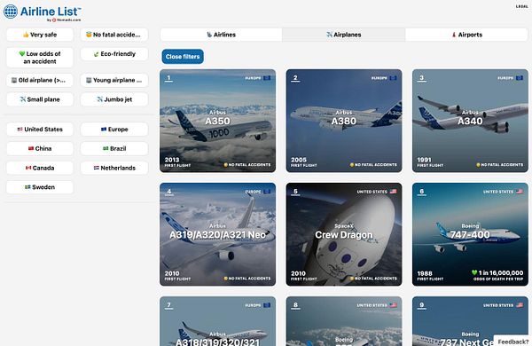 The image displays a user interface for an airline list featuring various airplane models and their details.