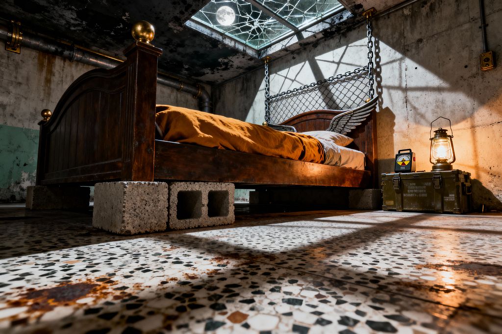 A low-angle view shows a bunker-like bedroom with weathered concrete walls, a stained ceiling, and a dark wooden bed perched on cinder blocks, dressed in burnt orange and beige bedding. Chain-link mesh and heavy chains frame the headboard with brass-capped posts, while moonlight pours through a cracked skylight to stripe the speckled terrazzo floor, and an olive military ammo crate serves as a nightstand holding a lit oil lantern and a small radiation meter.