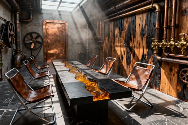 A steampunk dining room centers on a long black metal table split by a glowing amber resin river, surrounded by six brown leather sling chairs on silver metal frames. Exposed copper pipes with brass valves run along a charred-wood wall beside oversized gears and a riveted copper vault door; black marble flooring and a glass skylight send shafts of light through a faint haze, casting strong shadows across the industrial space.