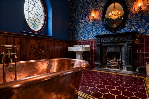 A richly detailed Victorian bathroom featuring a freestanding patinated copper tub with brass taps beside dark walnut wainscoting. An oval stained-glass window and blue floral wallpaper sit above oxblood wall tiles. A white marble pedestal sink faces an ornate black cast-iron fireplace with a round mirror and crystal chandelier reflected above. Hexagonal burgundy floor tiles with gold-trimmed borders and warm globe sconces create a moody, opulent atmosphere.