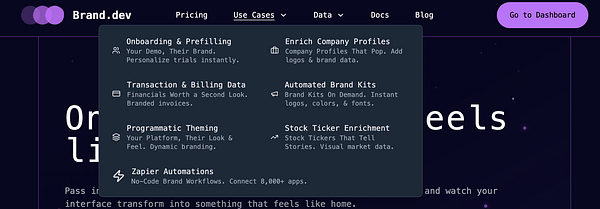 The image displays a user interface for Brand.dev, showcasing various use cases with descriptions.
