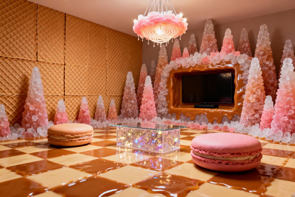 A whimsical media room styled like Candy Land features waffle-cone patterned walls and a television set inside a glossy caramel-like frame. Pink and clear crystal-like trees ring the space, surrounding a glass coffee table glowing with tiny lights and two oversized macaron poufs on a shiny caramel-and-vanilla checkerboard floor, while a pink swirled chandelier with drip details casts warm light for an immersive, playful viewing area.