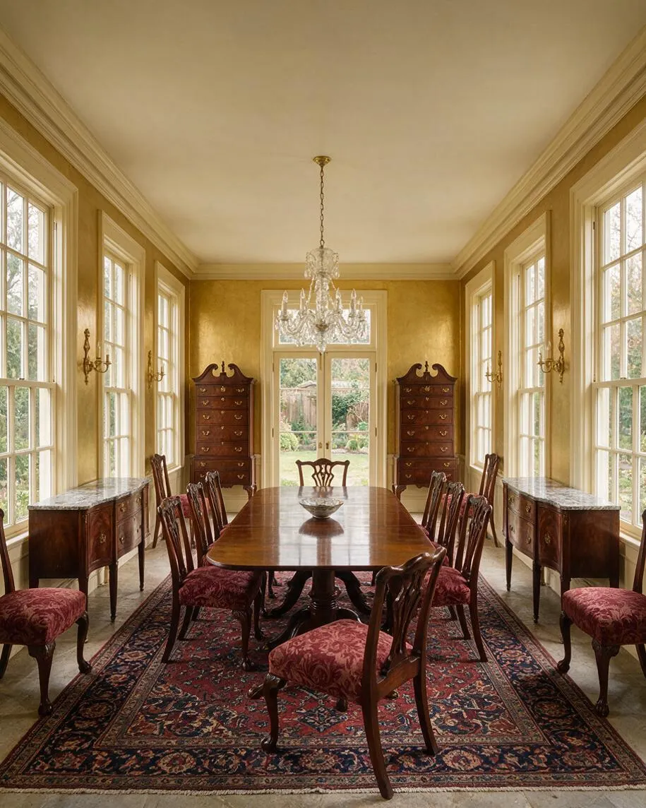 A formal traditional dining room with a long polished wood table, carved chairs upholstered in red patterned fabric, and a large crystal chandelier centered overhead. Tall windows line both sides of the room, bringing in garden views and natural light, while matching dark wood case pieces and a patterned area rug complete the elegant, symmetrical layout.