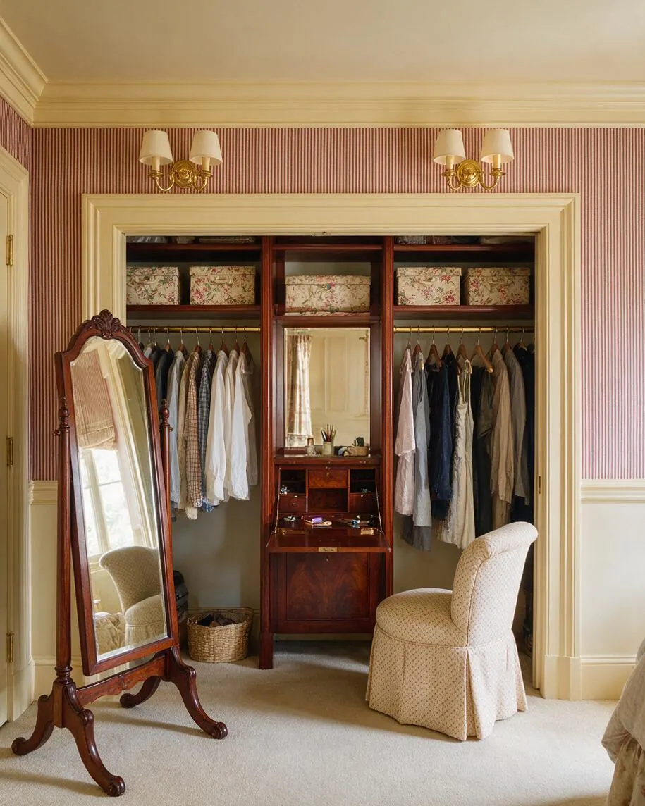 A traditional closet with built-in open wardrobes in dark wood, a central vanity with mirror and drawers, and floral storage boxes on the top shelves. A tall freestanding mirror, upholstered chair, striped wallpaper, brass wall sconces, and cream trim create a refined, classic atmosphere.