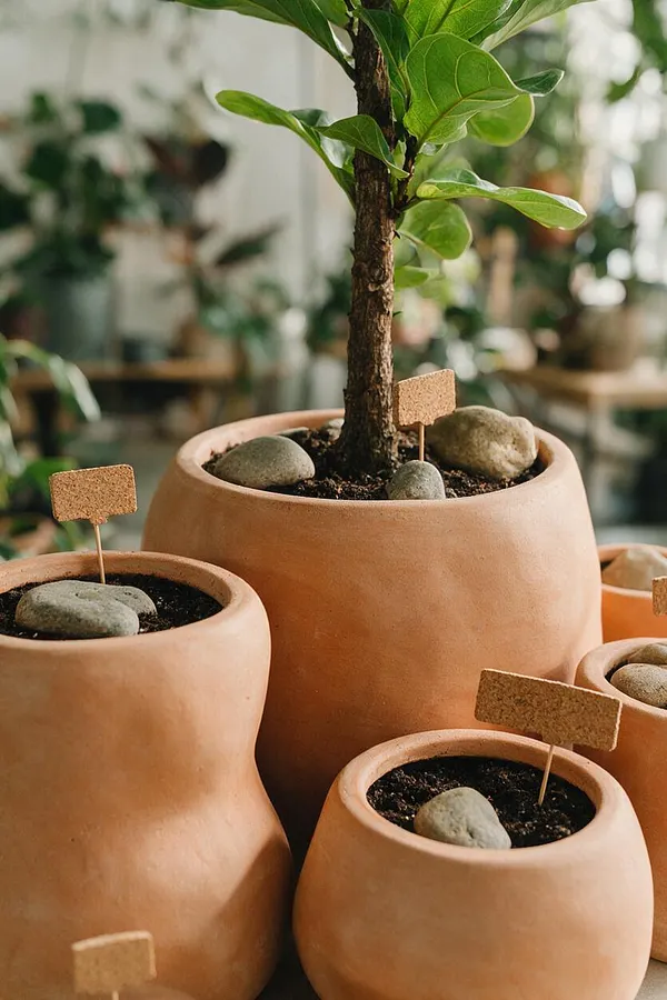 A close-up of several rounded terracotta plant pots arranged together, each filled with soil and topped with smooth natural stones and small plant labels. A young tree with glossy green leaves rises from the central pot, while the background is softly blurred with more greenery and indoor plant displays.