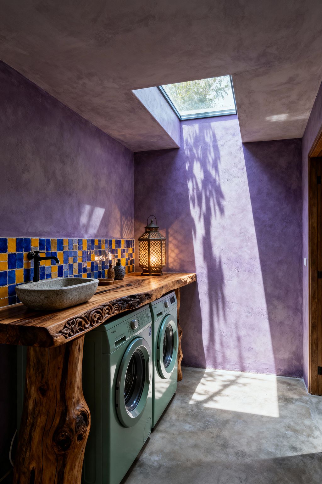 Compact bohemian laundry room with lavender textured plaster walls illuminated by a skylight that casts plant shadows across a polished concrete floor. A carved live-edge wood counter spans a mint washer and dryer, with a gray stone vessel sink and matte black wall-mounted faucet, a glossy blue and yellow ceramic mosaic backsplash, and a pierced metal lantern glowing warmly on the counter.