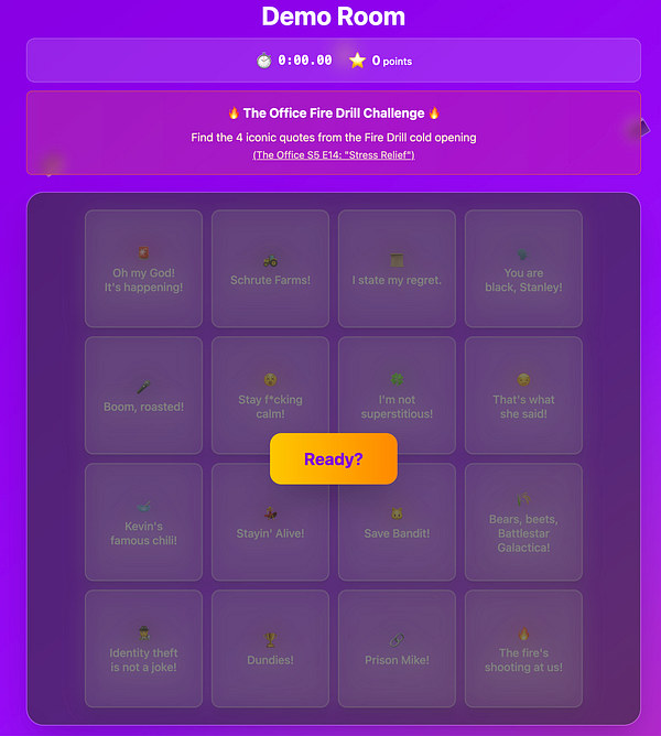 The image displays a colorful game interface for 'The Office Fire Drill Challenge'.
