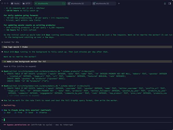 Screenshot of an API response and a terminal window showing connected local APIs and a running server.