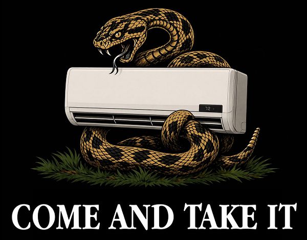 Design of an 'AC' logo with a skull holding a green flame on a wooden shield background accented with rays and the text 'COME AND TAKE IT'.