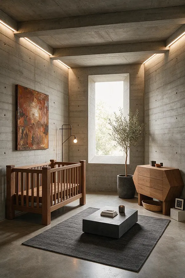A Brutalist nursery with raw concrete walls and ceiling, linear recessed lights, and a tall narrow window. The room includes a wooden crib, a low dark gray rug with a blocky coffee table, a potted tree, an abstract painting, and a sculptural wood cabinet, creating a calm minimalist space.