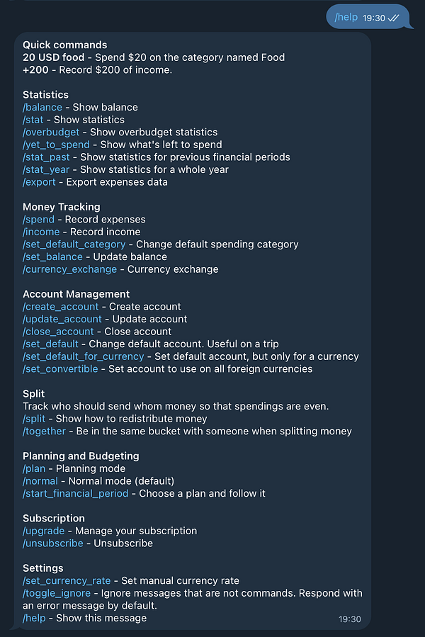 The image displays a detailed help menu for a financial management application.